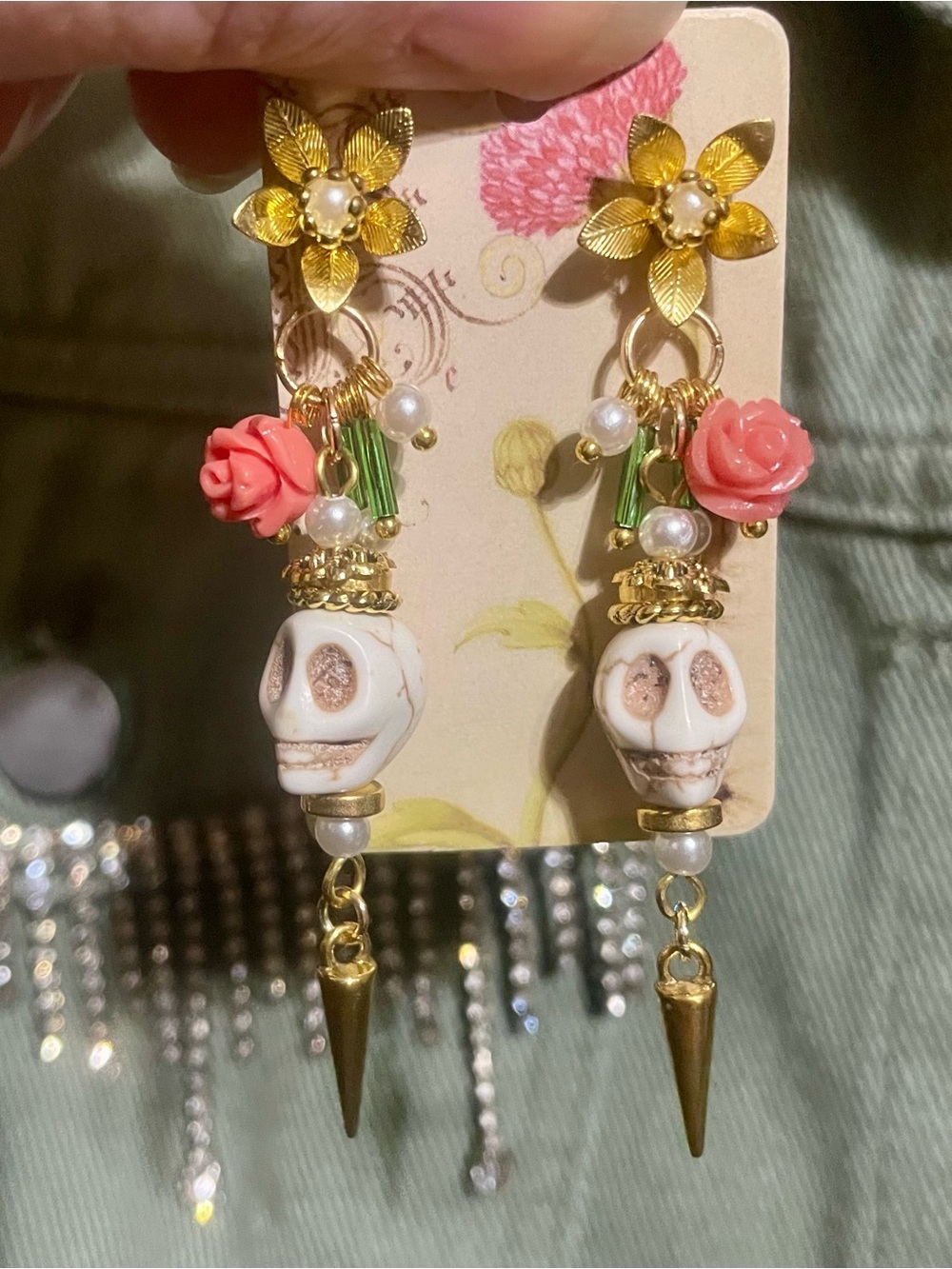 Hand Crafted Floral and Pearl Skull Earrings